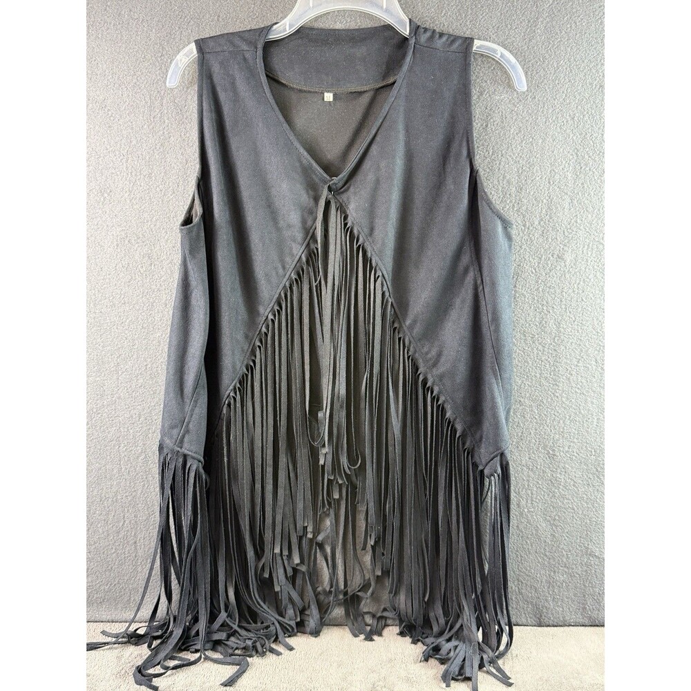 Black Faux Suede Fringe Vest Size M  Boho Western Cowgirl Retro Hippie Festival